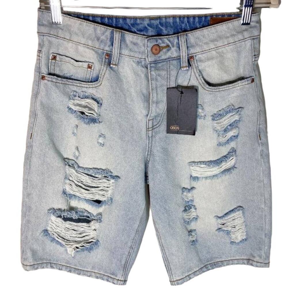 Asos Design Men's Slim Denim Shorts Distressed With Rips Light Wash Blue W30 NWT